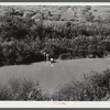 Crossing the creek in a boat from the main road to their home after returning from the store with groceries and supplies. Breathitt County, Kentucky.