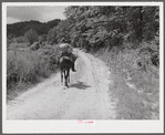 Rural mailman taking packages and saddlebags of letters, which have been transferred from a wagon which cannot go up the bad side roads and creek beds, to the mountain families in this isolated area. Near Morehead, Kentucky.