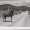 Rural mailman riding to the crossroads where he will meet another postman in a wagon. The mail sacks will then be transferred to his saddlebags and he will take the mail further up the side road and creek beds where no wagon or car can go. In the mountain section near Morehead, Kentucky.