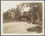 View of bridge with iron raiIing and ivy-covered archway. Shelter Island, Shelter Island