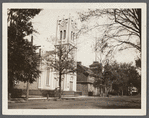 First Methodist Episcopal Church of Flushing and old armory (on right). North side Amity Street, near Main Street. (Detailed notes on back of photo.) Flushing [Queens]