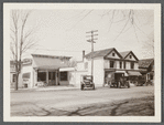 Basso's Lunch Room, left, and former Parsonage moved and rebuilt adjoining on right. North side Main Street, east of Corwith Road. Bridgehampton, Southampton