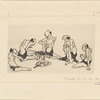 Five figures seated around a board game and a hand fan