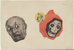Composite print of Japanese masks and a death's-head