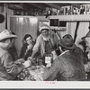 Spanish muskrat trappers drinking wine and playing "cache," a form of poker, in their camp in the marshes. Delacroix Island, Saint Bernard Parish, Louisiana.