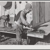 Spanish trapper skinning his muskrats before hanging them up to dry at the side of his marsh camp. Delacroix Island, Saint Bernard Parish, Louisiana.