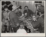 Spanish muskrat trappers drinking wine and playing "cache," a form of poker, in their camp in the marshes. Delacroix Island, Saint Bernard Parish, Louisiana.