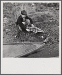 Spanish trapper's son setting the trap which he made to catch birds by his camp in the marshes near Delacroix Island, Louisiana.