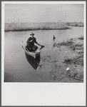 Spanish trapper returning home to his camp in the marshlands near Delacroix Island, Louisiana. He has been out in his hand built piroque (canoe) checking up on his muskrat traps.