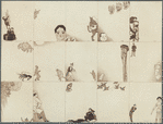 Fifteen blank cards on one sheet, uncut, depicting two monkeys playing with an inkwell; an Asian man and a doll's head; two chefs and a cat playing guitar, etc.