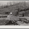 Josh Calahan's old home and barns with corn field on the hillside. Southern Appalachian Project near Barbourville, Knox County, Kentucky.
