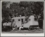 Relaxing outside their trailer home, Sarasota trailer park, Sarasota, Florida.