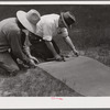 Fastening 16-mesh galvanized wire screen to battens before applying to open window frame. Screening demonstration. Charles County, La Plata, Maryland.