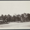 View of entrance at Pine Wold Park. South side Montauk Highway, just west of Beaverdam gristmill. Entrance gate is statue of 2 jousters. Westhampton, Southampton