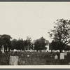 View of cemetery with Presbyterian Church in background. Southside Main Street. Southold, Southold