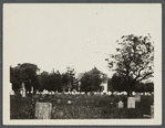 View of cemetery with Presbyterian Church in background. Southside Main Street. Southold, Southold
