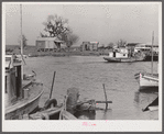 Trappers' and fishermen's boats and homes along the bayou. Delacroix Island, Louisiana.