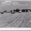 Wagons hauling wheat which has been harvested with a binder to the barnyard for threshing on a farm near Madison, Wisconsin.