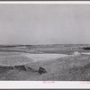 Snow fence, wheat field and ranch buildings near Minot, North Dakota.