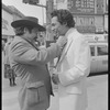 Publicity photograph of Luis Valdez and Daniel Valdez in Times Square during the stage production Zoot Suit