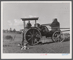 Hired man working tractor engine used for threshing on farm of Alfred Shaffner, a farmer in the submarginal area of Sugar Hill, near Townsend, Connecticut.