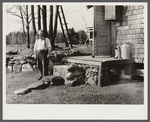 Hermit of Maine standing outside of his shack. Freeport, Maine.