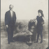 Publicity photograph of Vaudeville performer Odiva with sea lion and unidentified man