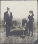 Publicity photograph of Vaudeville performer Odiva with sea lion and unidentified man