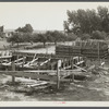 Foundation forms for homes under construction at the Resettlement Administration project, Ironwood, Michigan. Farm buildings in process of removal at left.