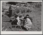 Women wait while their husbands bid at the auction of the farm of Mr. Anthony Yacek. Near Derby, Connecticut.