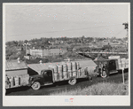 Potato trucks outside a starch factory in Caribou, Maine. There were almost fifty trucks in the line; some had been waiting for twenty-four hours for the potatoes to be graded and weighed.