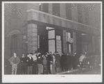 Crowds gathered around the "Norwich Express" newspaper office listening to the election returns. Norwich Connecticut.