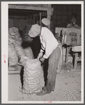 Migratory agricultural worker from Florida sewing potato sacks at a grading station at Belcross, North Carolina.