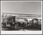 Workmen leaving the plant at Vought Sikorsky Aircraft Corporation. Stratford, Connecticut.
