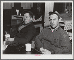 Two shipyard workers in for a cup of coffee after work at the Bath Iron Works. Left is Paul Jacobs and Ronnie Williams. Both live about eighteen miles outside of Bath, Maine.