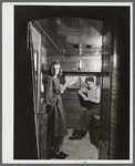 Mr. and Mrs. Leslie Bryant in their trailer about two miles out of Bath. Mr. Leslie Bryant works in the shipyard. They have been living in the trailer for two months. They could not rent in Bath and although a trailer cost them almost as much as a house,