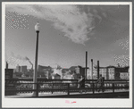 Textile mills seen from a bridge in Woonsocket, Rhode Island.