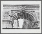 Vito Russo with arms outstretched under the Washington Square Arch