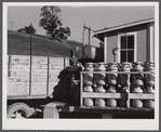 Farmer unloading milk cans at the United Farmers' Co-op Creamery. East Berkshire, Vermont.