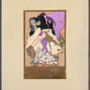 Guitar player in black and white cloak and lady in black and purple cloak