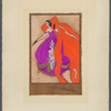 Woman in purple gown with white floral detail and orange cloak