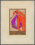 Woman in purple gown with white floral detail and orange cloak