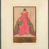 Woman in salmon red gown with gold overskirt