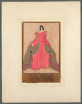 Woman in salmon red gown with gold overskirt