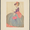 Woman in blue, red and purple dress, with wrap and parasol