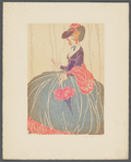 Woman in blue, red and purple dress, with wrap and parasol