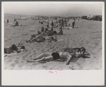 Beach scene at "New Beach," the most popular beach near Provincetown. Regular bus service makes this beach easily available; lack of bath houses causes a great deal of picturesque dressing and undressing in and behind parked cars. Provincetown, Mass.