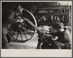 Rehabilitation client looking over farm implements, Jackson, Ohio