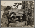 Demonstrating homemade cider press at Crabtree Recreational Demonstration Project near Raleigh, North Carolina.