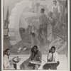 Photograph of Vertis Hayes, Morgan Smith, and Elton Serant sitting next to "Pursuit of Happiness" mural, Harlem Hospital, 1937-38